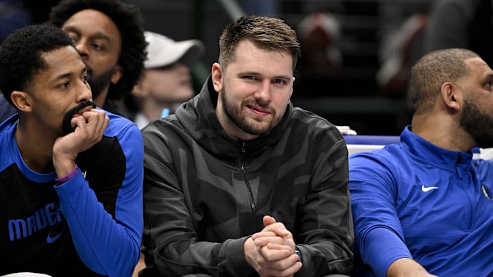 Jan 27, 2025; Dallas, Texas, USA; Dallas Mavericks guard Luka Doncic looks on from the team bench during the second quarter against the Washington Wizards at the American Airlines Center. Mandatory Credit: Jerome Miron-Imagn Images