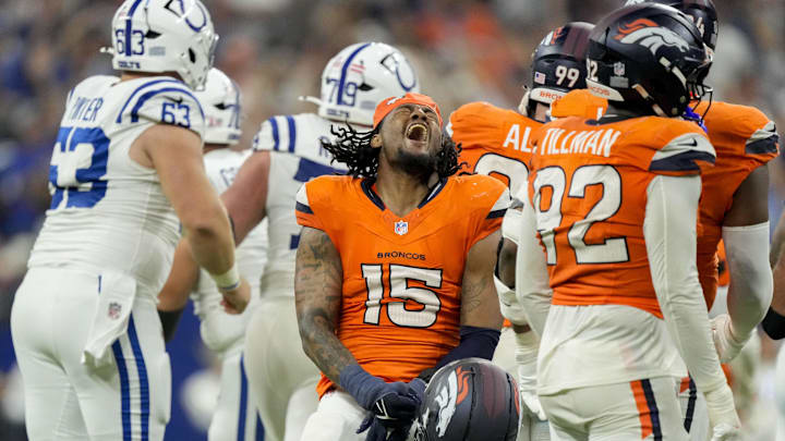 Sep 14, 2025; Indianapolis, Indiana, USA; Denver Broncos linebacker Nik Bonitto (15) reacts after a missed field goal by Indianapolis Colts place kicker Spencer Shrader (3) at Lucas Oil Stadium. 