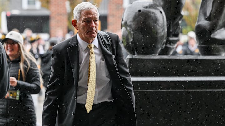 Nov 8, 2025; Iowa City, Iowa, USA; Iowa Hawkeyes head coach Kirk Ferentz enters Kinnick Stadium before the game against the Oregon Ducks. Mandatory Credit: Jeffrey Becker-Imagn Images