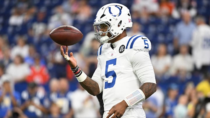Sep 14, 2025; Indianapolis, Indiana, USA; Indianapolis Colts quarterback Anthony Richardson Sr. (5) warms up prior to the game against the Denver Broncos at Lucas Oil Stadium. Mandatory Credit: Robert Goddin-Imagn Images