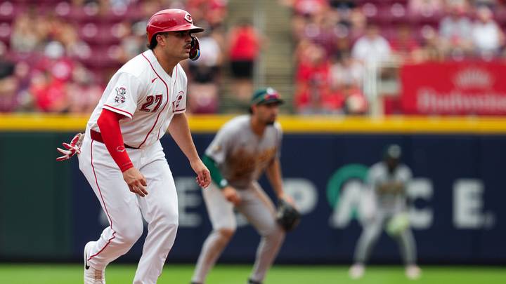 Aug 6, 2026; Cincinnati, Ohio, USA; Cincinnati Reds first baseman Sal Stewart takes his lead from second base against the Athletics in the fifth inning at Great American Ball Park. Mandatory Credit: Aaron Doster-Imagn Images Aug 6, 2026; Cincinnati, Ohio, USA; Cincinnati Reds first baseman Sal Stewart takes his lead from second base against the Athletics in the fifth inning at Great American Ball Park. Mandatory Credit: Aaron Doster-Imagn Images