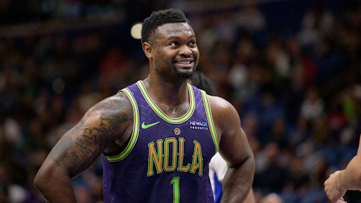 Mar 17, 2025; New Orleans, Louisiana, USA; New Orleans Pelicans forward Zion Williamson (1) reacts during the first half against the Detroit Pistons at Smoothie King Center. Mandatory Credit: Matthew Hinton-Imagn Images Mar 17, 2025; New Orleans, Louisiana, USA; New Orleans Pelicans forward Zion Williamson (1) reacts during the first half against the Detroit Pistons at Smoothie King Center. Mandatory Credit: Matthew Hinton-Imagn Images