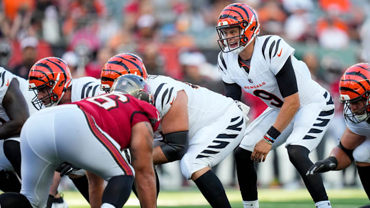 Cincinnati Bengals quarterback Joe Burrow (9) calls out in the first quarter of the NFL Preseason Week 1 game between the Cincinnati Bengals and the Tampa Bay Buccaneers at Paycor Stadium in downtown Cincinnati on Saturday, Aug. 10, 2024.
