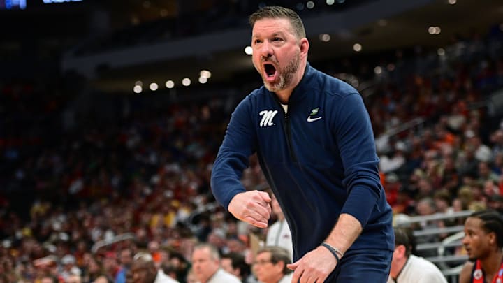 Mar 23, 2025; Milwaukee, WI, USA;  Mississippi Rebels head coach Chris Beard reacts during the first half in the second round of the NCAA Tournament against the Iowa State Cyclones at Fiserv Forum. Mandatory Credit: Benny Sieu-Imagn Images