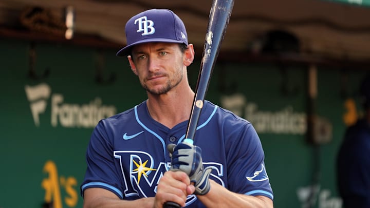 Aug 21, 2024; Oakland, California, USA; Tampa Bay Rays catcher Rob Brantly (19) before the game against the Oakland Athletics at Oakland-Alameda County Coliseum. Mandatory Credit: Darren Yamashita-Imagn Images