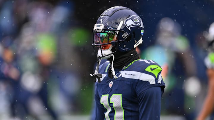 Dec 22, 2024; Seattle, Washington, USA; Seattle Seahawks wide receiver Jaxon Smith-Njigba (11) during warmups before the game against the Minnesota Vikings at Lumen Field. Mandatory Credit: Steven Bisig-Imagn Images