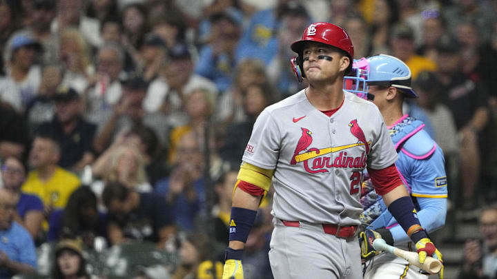 Sep 12, 2025; Milwaukee, Wisconsin, USA; St. Louis Cardinals outfielder Lars Nootbaar (21) strikes out against the Milwaukee Brewers in the fourth inning at American Family Field. Mandatory Credit: Michael McLoone-Imagn Images Sep 12, 2025; Milwaukee, Wisconsin, USA; St. Louis Cardinals outfielder Lars Nootbaar (21) strikes out against the Milwaukee Brewers in the fourth inning at American Family Field. Mandatory Credit: Michael McLoone-Imagn Images