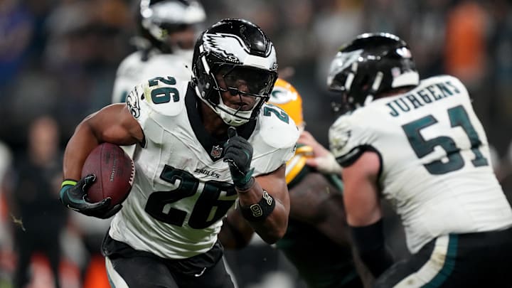 Sep 6, 2024; Sao Paulo, BRA; Philadelphia Eagles running back Saquon Barkley (26) runs during the first half against the Green Bay Packers at Neo Quimica Arena. Mandatory Credit: Kirby Lee-Imagn Images