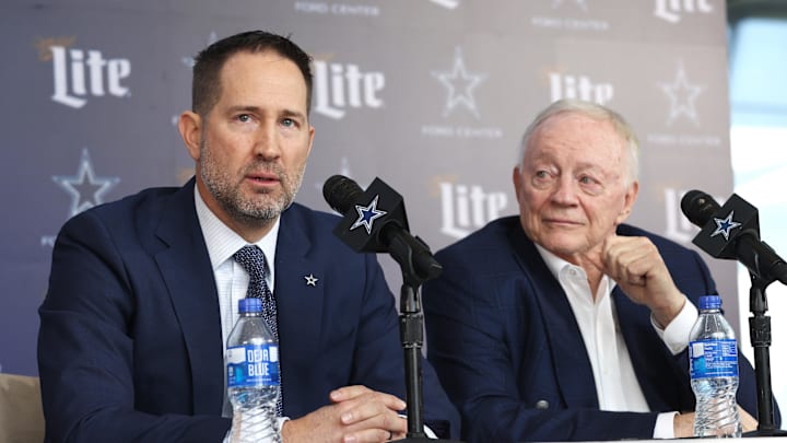 Dallas Cowboys Head Coach Brian Schottenheimer and owner Jerry Jones speak to the media at a press conference at The Star. Dallas Cowboys Head Coach Brian Schottenheimer and owner Jerry Jones speak to the media at a press conference at The Star.