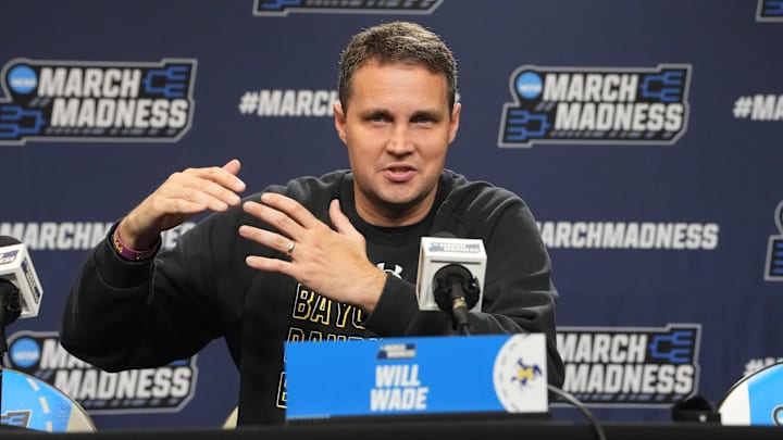 Mar 19, 2025; Providence, RI, USA; McNeese State Cowboys head coach Will Wade answers questions during the first round practice session press conference at Amica Mutual Pavilion. Mandatory Credit: Gregory Fisher-Imagn Images
