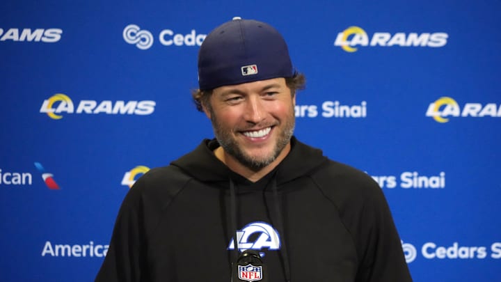 Oct 19, 2025; London, United Kingdom; Los Angeles Rams quarterback Matthew Stafford at a press conference after a NFL International Series game against the Jacksonville Jaguars at Wembley Stadium. Mandatory Credit: Kirby Lee-Imagn Images