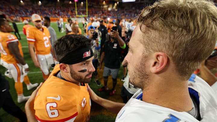 Oct 15, 2023; Tampa, Florida, USA;  Tampa Bay Buccaneers quarterback Baker Mayfield (6) and Detroit Lions quarterback Jared Goff (16) shakes hands after a game at Raymond James Stadium. Mandatory Credit: Nathan Ray Seebeck-Imagn Images