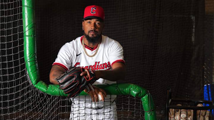 Feb 20, 2025; Goodyear, AZ, USA; Cleveland Guardians pitcher Emmanuel Clase (48) poses for a photo during MLB Media Day at Cleveland Guardians Spring Training Facility. Mandatory Credit: Joe Camporeale-Imagn Images