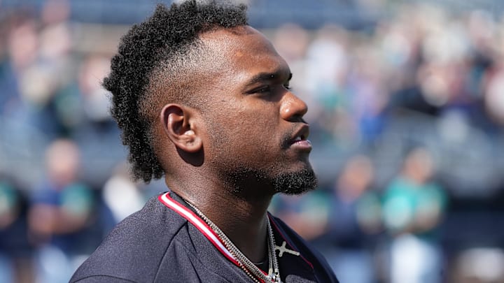 Feb 26, 2026: Cleveland Guardians center fielder Angel Martinez (1) looks on before the game against the Seattle Mariners at Peoria Sports Complex. 