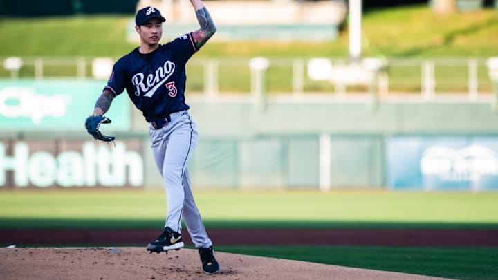 Arizona Diamondbacks pitching prospect Yu-Min Lin follows through after delivering pitch for Reno Aces May 1, 2025