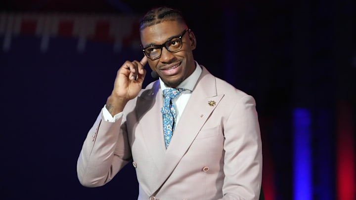 Feb 2, 2023; Henderson, NV, USA; Robert Griffin III during the Pro Bowl Skills competition at the Intermountain Healthcare Performance Facility. Mandatory Credit: Kirby Lee-Imagn Images