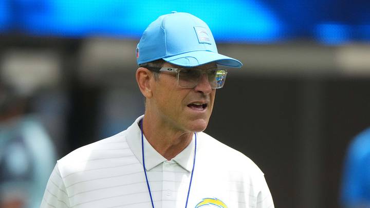 Aug 10, 2025; Inglewood, California, USA; Los Angeles Chargers head coach Jim Harbaugh reacts during the game against he New Orleans Saints at SoFi Stadium. Mandatory Credit: Kirby Lee-Imagn Images