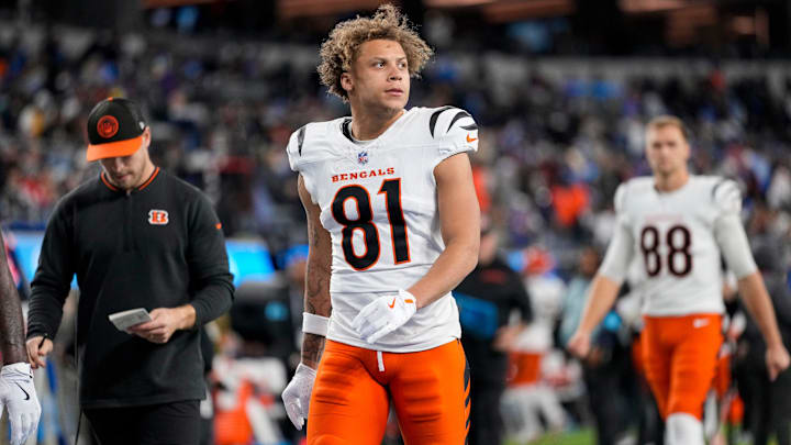 Cincinnati Bengals wide receiver Jermaine Burton (81) walks for the locker room at halftime of the NFL Week 11 game between the Los Angeles Chargers and the Cincinnati Bengals at SoFi Stadium in Inglewood, Calif., on Sunday, Nov. 17, 2024. The Chargers led 24-6 at halftime.