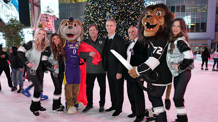 Nov 29, 2022; Los Angeles, California, USA; LA Sparks mascot Sparky, Brad Berman, LA Kings president