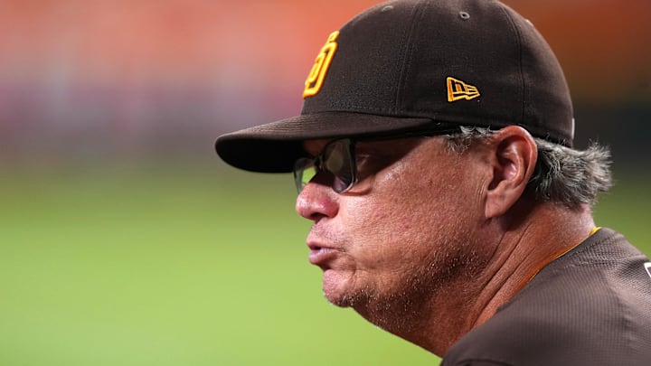 Sep 28, 2024; Phoenix, Arizona, USA; San Diego Padres manager Mike Shildt (8) looks on against the Arizona Diamondbacks during the first inning at Chase Field. Mandatory Credit: Joe Camporeale-Imagn Images