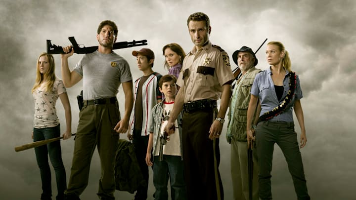Amy (Emma Bell), Shane Walsh (Jon Bernthal), Glenn (Steven Yeun), Carl Grimes (Chandler Riggs), Lori Grimes (Sarah Wayne Callies), Rick Grimes (Andrew Lincoln), Dale (Jeffrey DeMunn) and Andrea (Laurie Holden) - The Walking Dead - Season 1 - Photo Credit: Matthew Welch / AMC