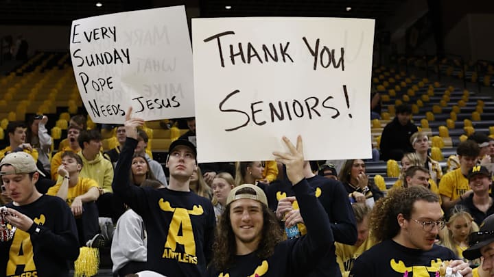 Mar 8, 2025; Columbia, Missouri, USA; Missouri Tigers Fans thank seniors before the game against the Kentucky Wild Cats at Mizzou Arena. Mandatory Credit: Gary Rohman-Imagn Images