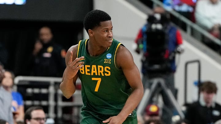Mar 21, 2025; Raleigh, NC, USA; Baylor Bears guard VJ Edgecombe (7) celebrates during the second half against the Mississippi State Bulldogs in the first round of the NCAA Tournament at Lenovo Center. Mandatory Credit: Bob Donnan-Imagn Images Mar 21, 2025; Raleigh, NC, USA; Baylor Bears guard VJ Edgecombe (7) celebrates during the second half against the Mississippi State Bulldogs in the first round of the NCAA Tournament at Lenovo Center. Mandatory Credit: Bob Donnan-Imagn Images