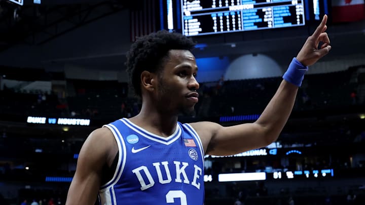 Mar 29, 2024; Dallas, TX, USA; Duke Blue Devils guard Jeremy Roach (3) celebrates after defeating
