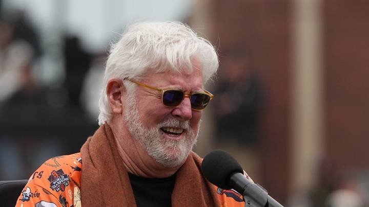 San Francisco, California, USA; San Francisco Giants television announcers Mike Krukow (left) and Duane Kuiper (right) before the game against the Miami Marlins at Oracle Park. Mandatory Credit: Darren Yamashita-Imagn Images