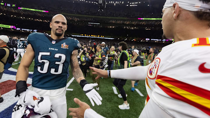 Feb 9, 2025; New Orleans, LA, USA; Philadelphia Eagles  linebacker Zack Baun (53) is congratulated by Kansas City Chiefs quarterback Patrick Mahomes after winning Super Bowl LIX at Ceasars Superdome. Mandatory Credit: Mark J. Rebilas-Imagn Images
