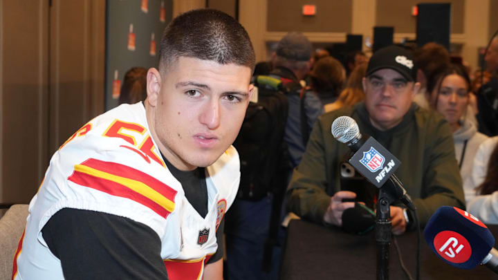 Feb 4, 2025; New Orleans, LA, USA;  Kansas City Chiefs defensive end George Karlaftis (56) at a press conference in advance of Super Bowl LIX at New Orleans Marriott. Mandatory Credit: Kirby Lee-Imagn Images