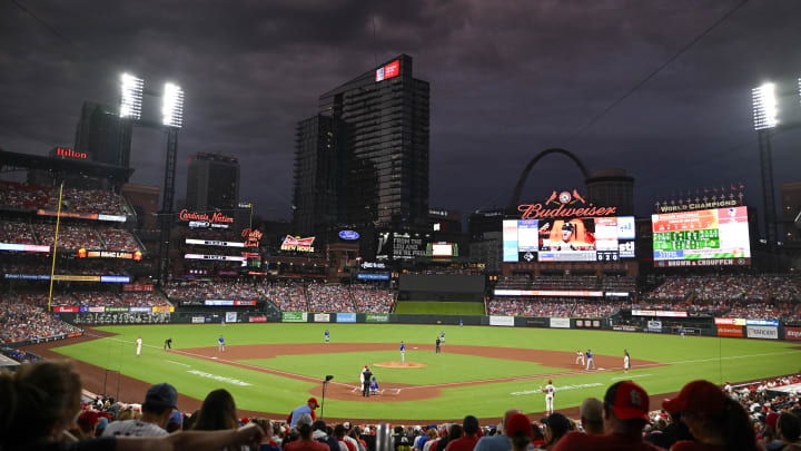 Jul 29, 2023; St. Louis, Missouri, USA; A general view of Busch Stadium during the second inning of a game between the St. Louis Cardinals and the Chicago Cubs. Mandatory Credit: Jeff Curry-USA TODAY Sports Jul 29, 2023; St. Louis, Missouri, USA; A general view of Busch Stadium during the second inning of a game between the St. Louis Cardinals and the Chicago Cubs. Mandatory Credit: Jeff Curry-USA TODAY Sports