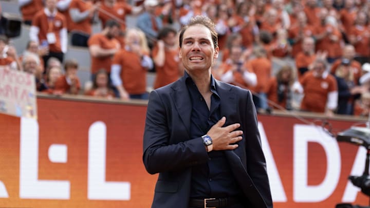 Rafael Nadal during the presentation ceremony paying tribute to his career on Court Philippe Chatrier Courtday at Roland Garros Stadium. Rafael Nadal during the presentation ceremony paying tribute to his career on Court Philippe Chatrier Courtday at Roland Garros Stadium.