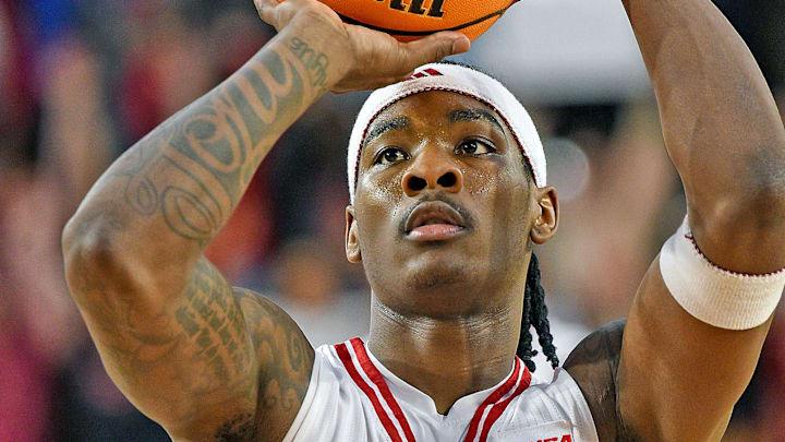 Jax StateÕs Jaron Pierre Jr. takes a free throw during college basketball action in Jacksonville, Alabama February 20, 2025. Jax State fell to New Mexico State 61-52. (Dave Hyatt / Hyatt Media LLC)