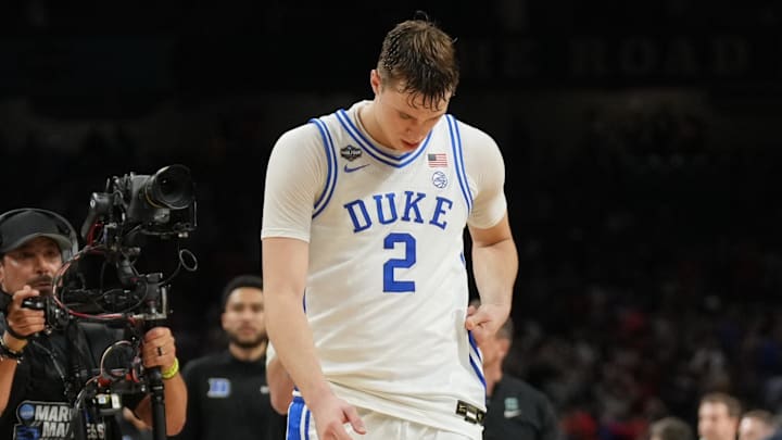Apr 5, 2025; San Antonio, TX, USA; Duke Blue Devils forward Cooper Flagg (2) reacts after losing to the Houston Cougars in the semifinals of the men's Final Four of the 2025 NCAA Tournament at the Alamodome. Mandatory Credit: Robert Deutsch-Imagn Images Apr 5, 2025; San Antonio, TX, USA; Duke Blue Devils forward Cooper Flagg (2) reacts after losing to the Houston Cougars in the semifinals of the men's Final Four of the 2025 NCAA Tournament at the Alamodome. Mandatory Credit: Robert Deutsch-Imagn Images