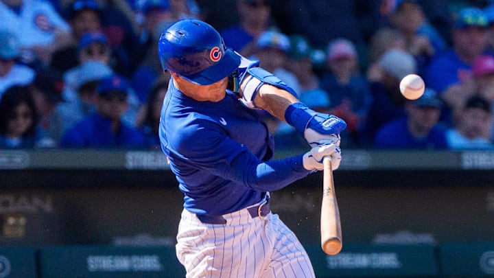 Mar 8, 2025; Mesa, Arizona, USA; Chicago Cubs infielder Matt Shaw (77) at bat in the bottom of the third during a spring training game against the Seattle Mariners at Sloan Park. 