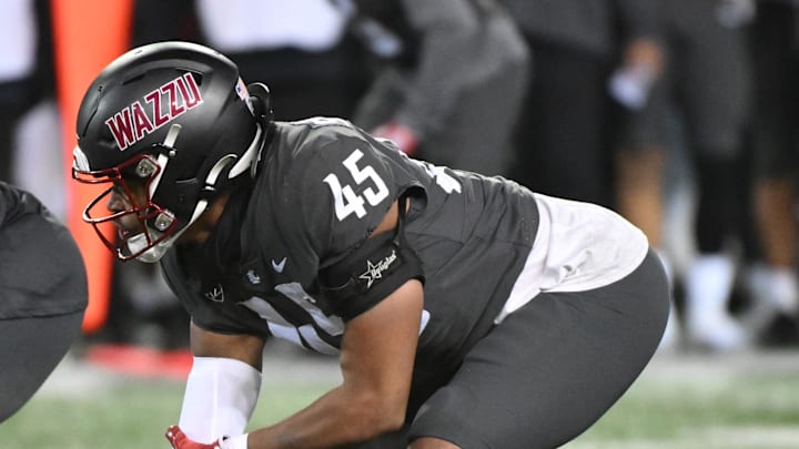 Nov 17, 2023; Pullman, Washington, USA; Washington State Cougars defensive end Raam Stevenson (45) lines up for a play against the Colorado Buffaloes in the second half at Gesa Field at Martin Stadium. Mandatory Credit: James Snook-Imagn Images