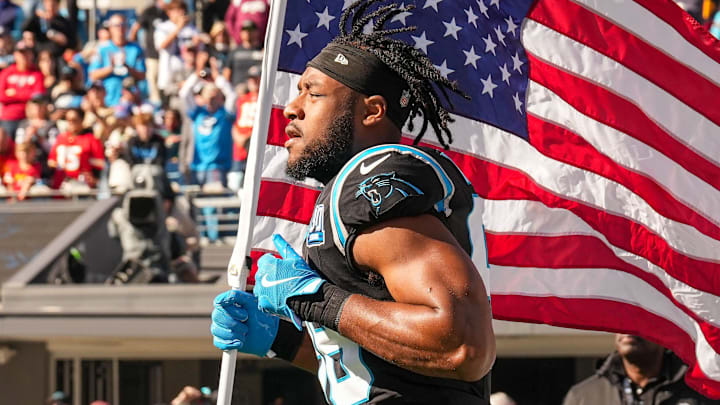 Nov 24, 2024; Charlotte, North Carolina, USA; Carolina Panthers linebacker D.J. Wonnum (98) takes the field during the first quarter against the Kansas City Chiefs at Bank of America Stadium. Mandatory Credit: Jim Dedmon-Imagn Images