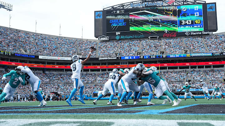 Carolina Panthers quarterback Bryce Young (9) passes the ball from the end zone in the third quarter at Bank of America Stadium. 