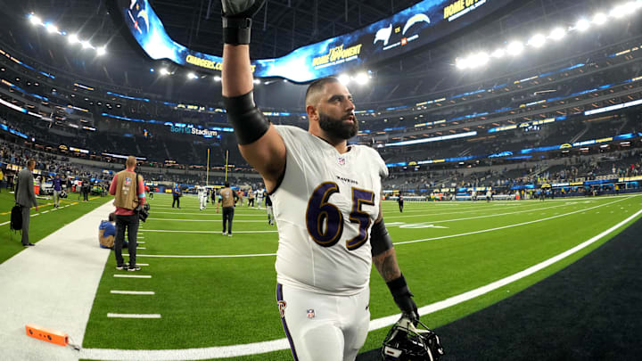 Nov 25, 2024; Inglewood, California, USA; Baltimore Ravens guard Patrick Mekari (65) leaves the field after the game against the Los Angeles Chargers at SoFi Stadium. 