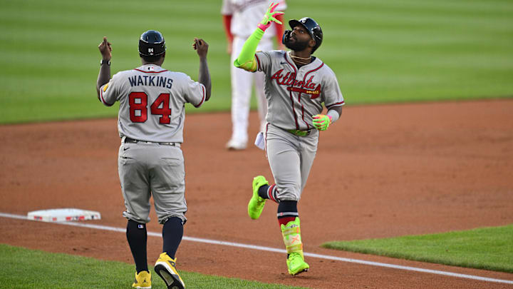 Apr 22, 2026; Washington, District of Columbia, USA;  Atlanta Braves outfielder Michael Harris II (23) celebrates as he rounds the bases after hitting a two-run home run in the second inning against the Washington Nationals at Nationals Park. Mandatory Credit: Jamie Sabau-Imagn Images