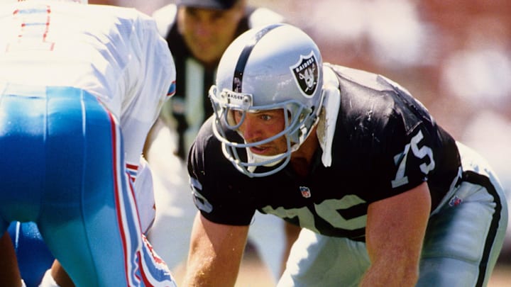 Aug 29, 1992; Los Angeles, CA, USA; FILE PHOTO; Los Angeles Raiders defensive tackle Howie Long (75) in action against the Houston Oliers during a pre-season game at the Los Angeles Coliseum. Mandatory Credit: USA TODAY Sports