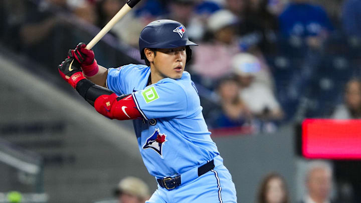 May 13, 2026; Toronto, Ontario, CAN; Toronto Blue Jays third baseman Kazuma Okamoto (7) takes an at-bat against the Tampa Bay Rays during the fourth inning at Rogers Centre.