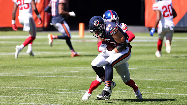 Cole Kmet makes a reception in his rookie year of 2020 when the Giants came to Soldier Field.
