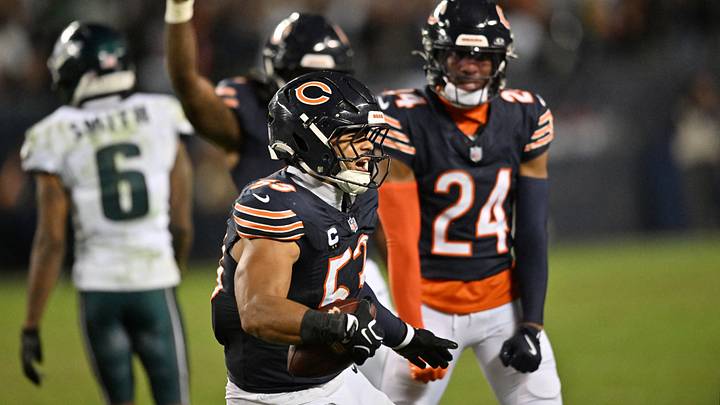 T.J. Edwards celebrates after an interception against the Eagles during the second half Monday at Soldier Field. T.J. Edwards celebrates after an interception against the Eagles during the second half Monday at Soldier Field.
