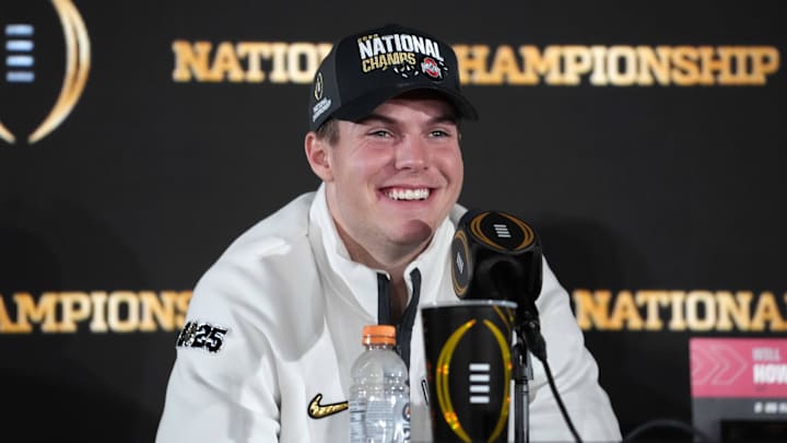 Jan 21, 2025; Atlanta, GA, USA; Ohio State Buckeyes quarterback Will Howard during CFP National Championship Champions press conference at The Westin Peachtree Plaza, Savannah Ballroom. Mandatory Credit: Kirby Lee-Imagn Images
