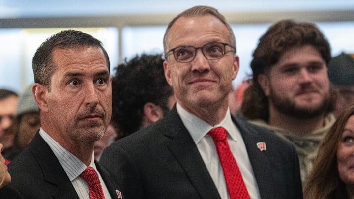 New Wisconsin new head football coach Luke Fickell, left, is shown with athletic director Chris McIntosh at a welcome event Monday, November 28, 2022 at Camp Randall Stadium in Madison, Wis. He was previously head coach for six seasons at Cincinnati.MARK HOFFMAN/MILWAUKEE JOURNAL SENTINEL

Mjs Uwgrid28 2 Jpg Uwgrid Fickell