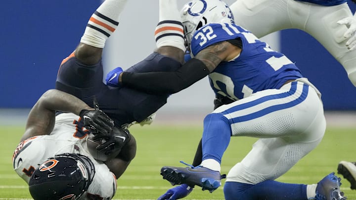 Indianapolis Colts safety Julian Blackmon brings down D'Andre Swift during a game against the Chicago Bears at Lucas Oil Stadium. 