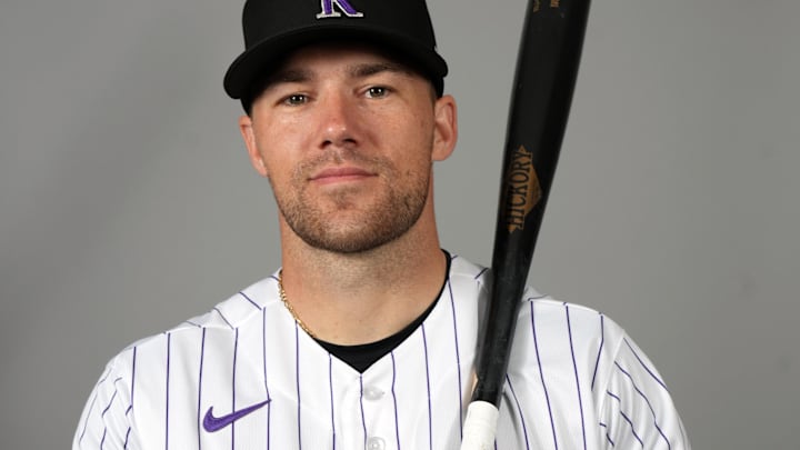 Feb 18, 2026; Scottsdale, AZ, USA; Colorado Rockies pitcher Brett Sullivan (26) poses for Photo Day at Salt River Fields. 