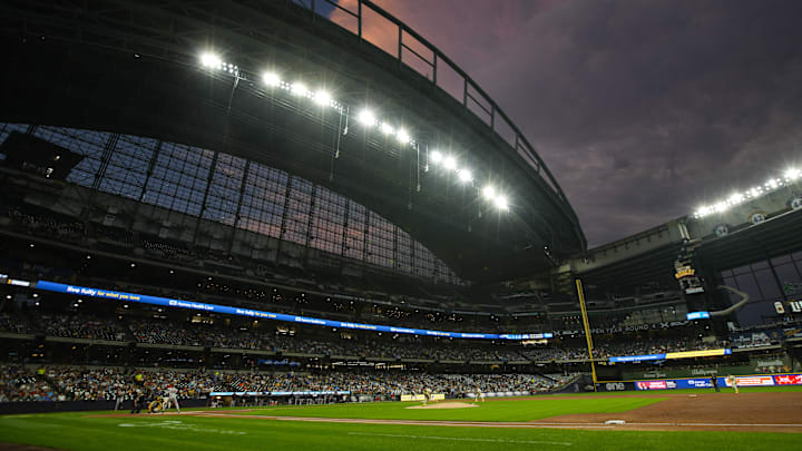 Aug 27, 2024; Milwaukee, Wisconsin, USA;  General view of American Family Field during the second inning of the game between the San Francisco Giants and Milwaukee Brewers. Mandatory Credit: Jeff Hanisch-Imagn Images